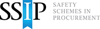 Safety Schemes in Procurement logo in black letters with the I in white and upon a blue ribbon
